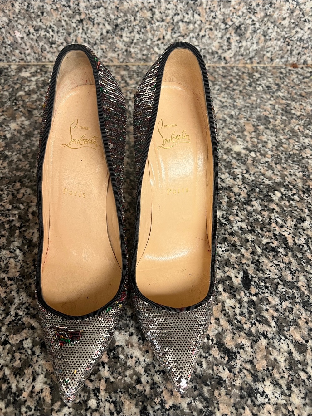 Christian Louboutin Silver Sequin Pointed Pumps with Black Trim